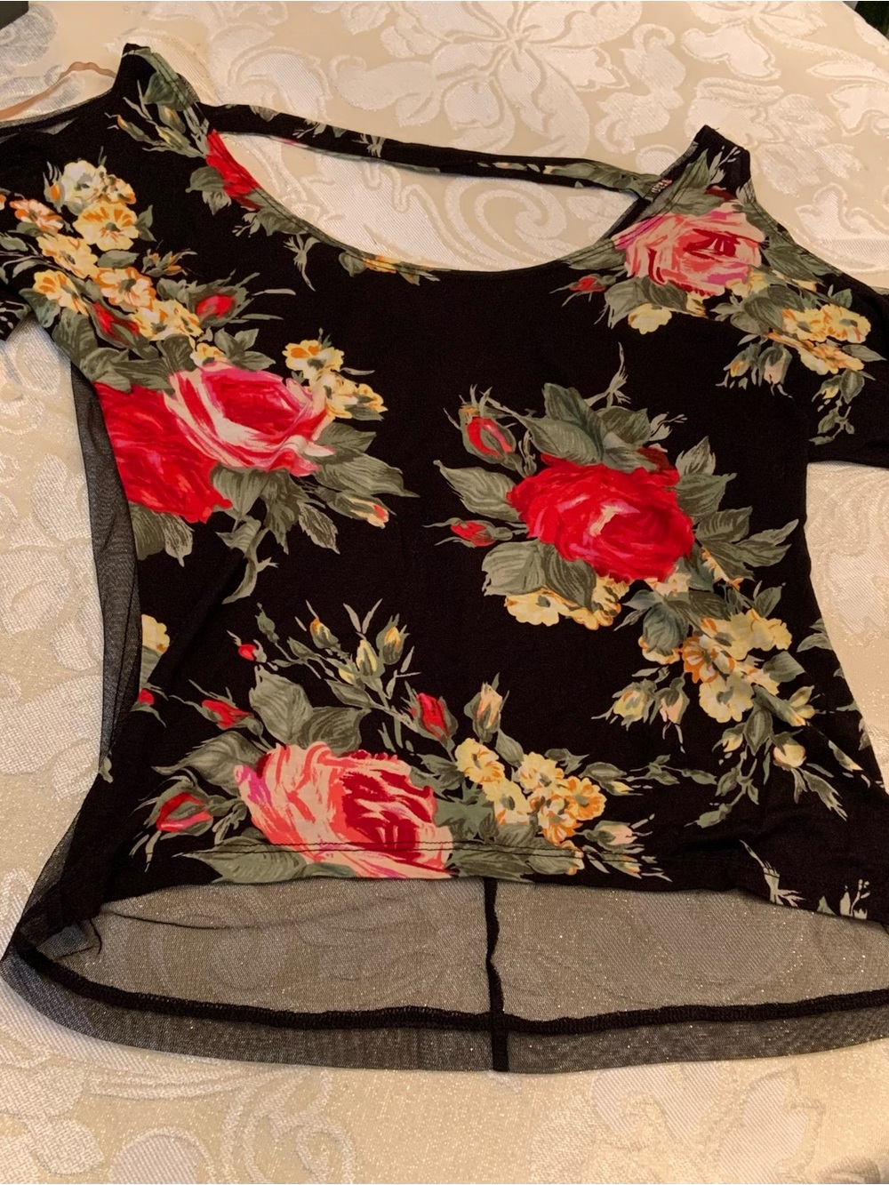 Black Floral Scoop-Neck Women's Top with Red Rose Print